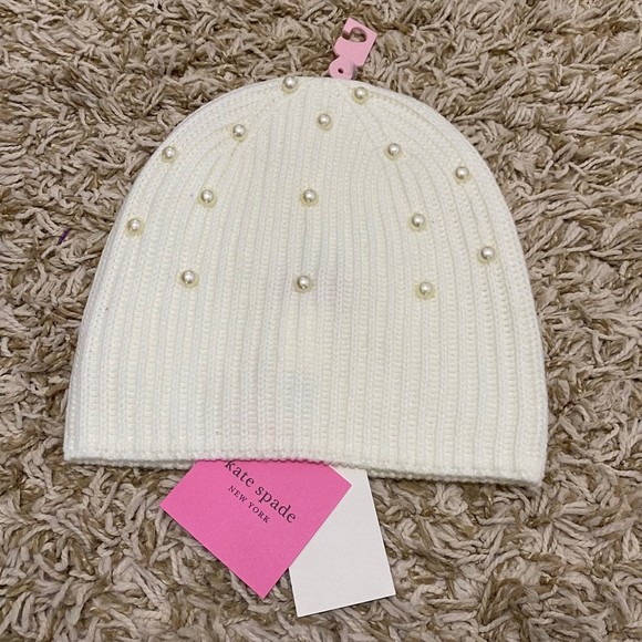 kate spade Accessories - Kate Spade Pearl Embellished Knit Beanie NWT